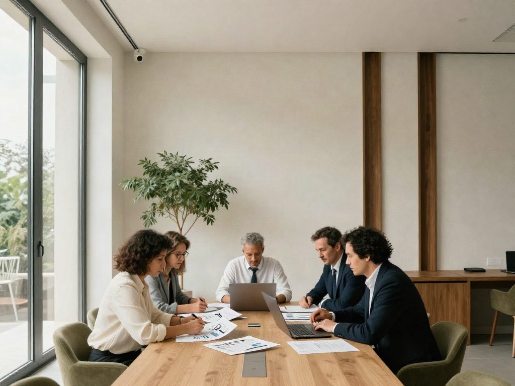 Professionals collaborating on a business strategy review in a sunlit meeting room